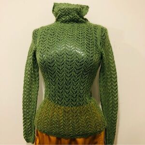 Green Mohair Openwork Thinest Knit Turtleneck.